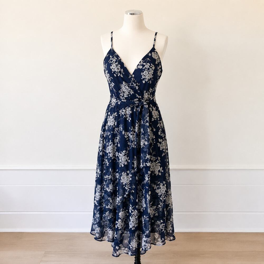 Indikah Navy Floral Wide Leg Jumpsuit Size L Spaghetti Strap Pockets Belt